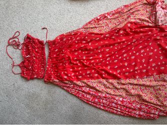 Free People Red Floral Two-Piece Set | Smocked Crop Top & Skirt