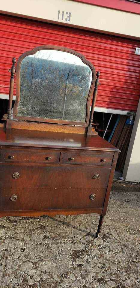 Antique Mahogany Dresser w/ Ornate Tilt Mirror - 1920s