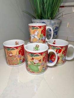 🎄 VINTAGE 1992 Sakura Traditions Christmas Mug Set Stoneware Holiday Coffee Cups 4pc