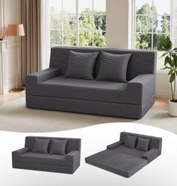 MeMoreCool Folding Futon Couch Queen – Boneless Corduroy Sofa Bed, Convertible Foam Floor Lounger with Pillow & Washable Cover, Foldable Sleeper for L