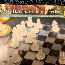 Glass Chess/ Backgammon/ Checkers Set - Includes: 32-chess men, 30-checkers, 2-bevelled glass boards, 5-dice 3 In 1 Game Set