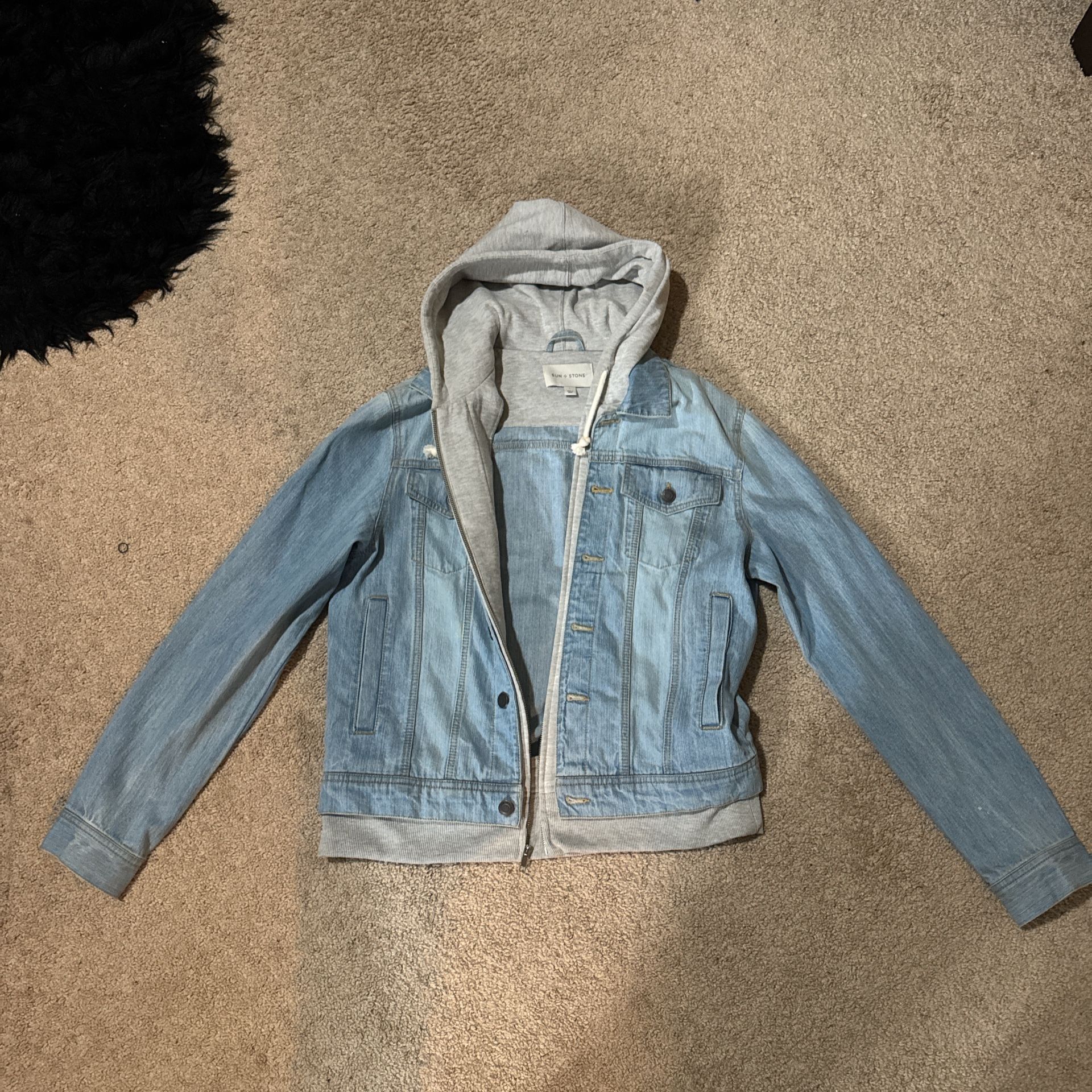 Large blue jean jacket sweater w/hoodie