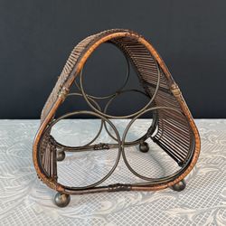 Vintage Rattan & Metal Wine Rack – 3 Bottle Holder