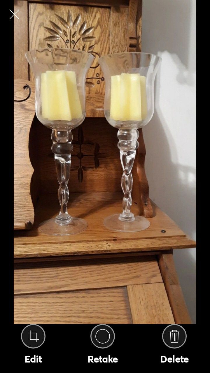 Set of 2 Clear Glass Candle Holders Footed