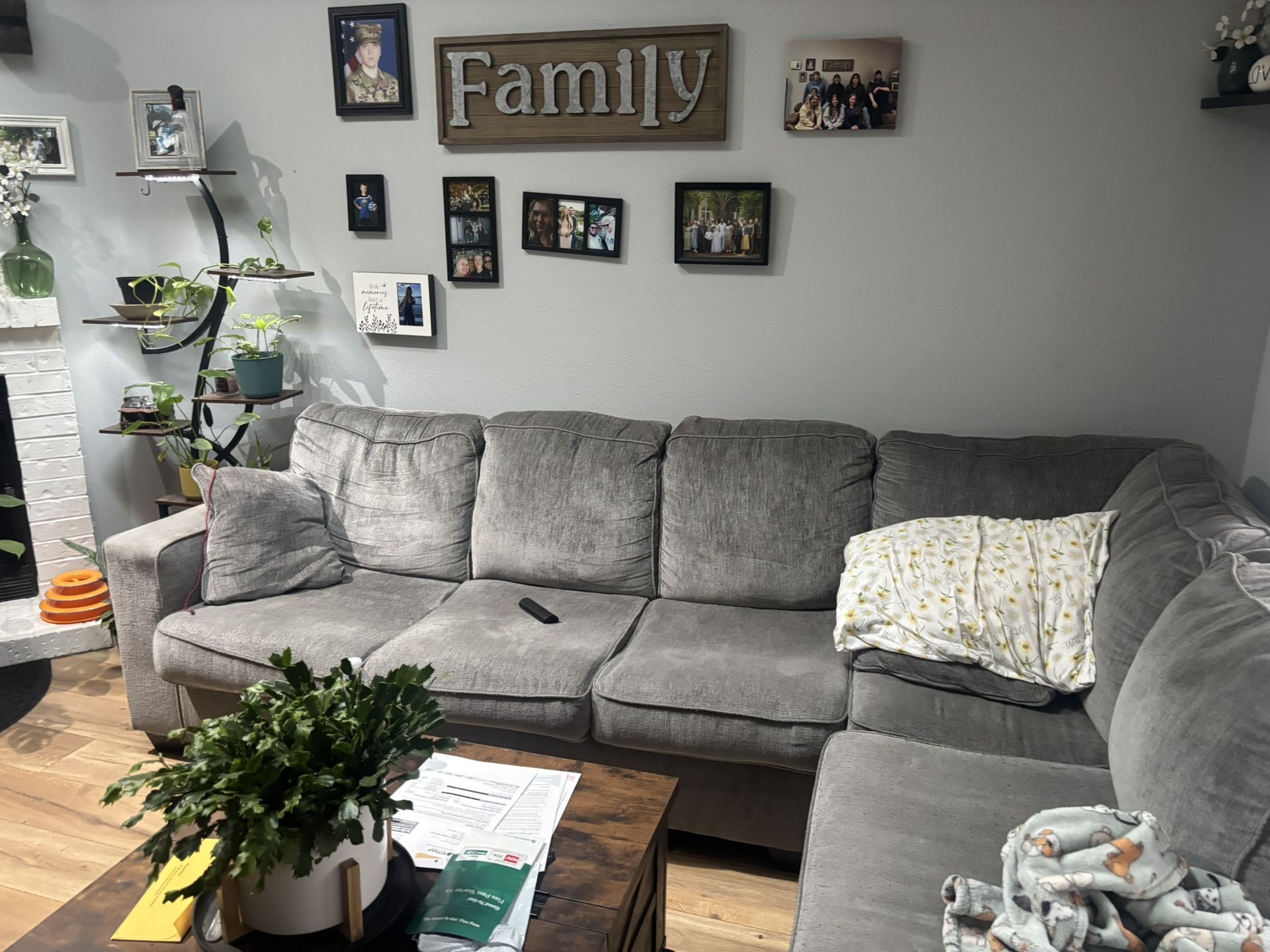 Grey L shaped couch with Hide a bed