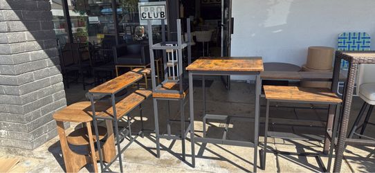 Industrial Wood and Metal Bar Table Set