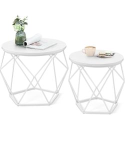 Round Coffee Table, Set of 2, Side Table, Sofa End Table, Modern Style, Removable Top, Steel Frame, for Living Room, Snow White and Cloud White LET040