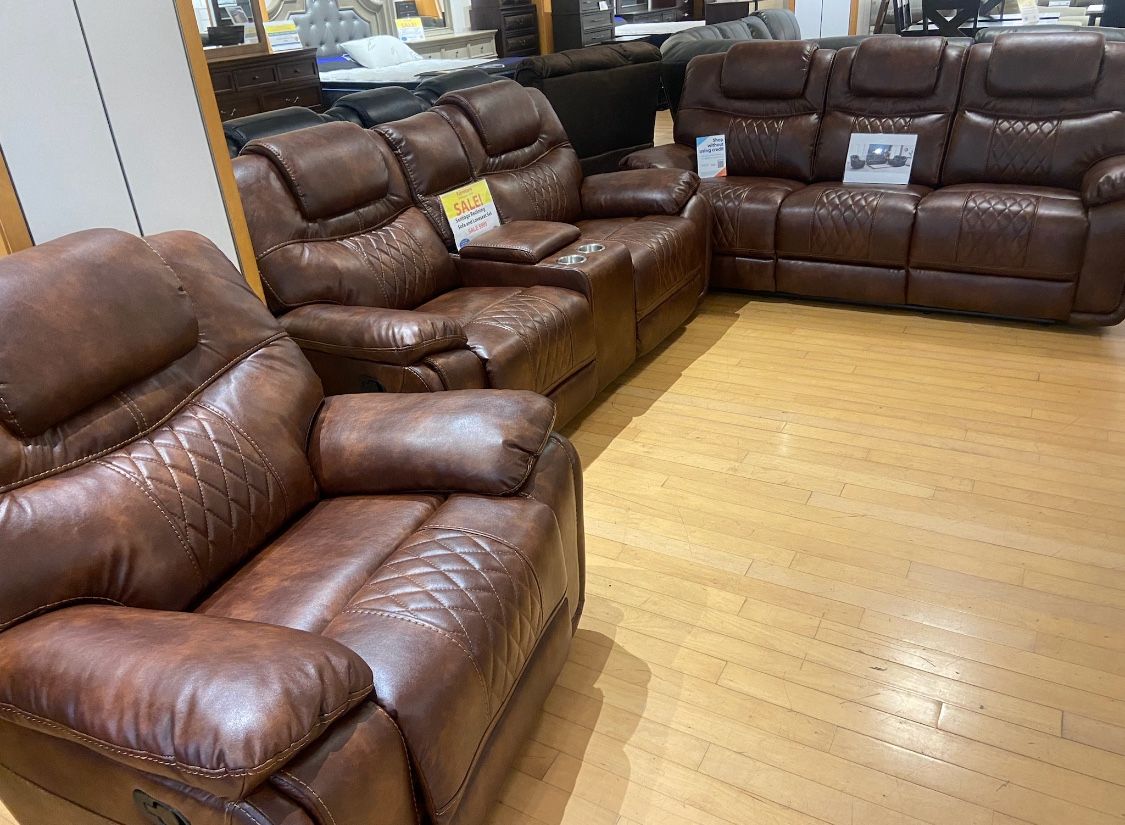 Summer Sale Event. Santiago Brown, Leather Reclining Sofa And Loveseat Set Now $1199. Recliner Chair, $399. Easy Finance. Same Day Delivery.