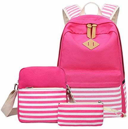 Canvas Backpack, School Student Backpack with messenger Bag & pencil case Cute Bookbag for Girls and Boys (Rose Red)