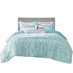 Full/Queen Comforter Set, Soft Microfiber, Modern Geometric Metallic Bed Set, 5 Pieces College Bedding with 2 Shams, 1 Toss Pillows Aqua/Silver