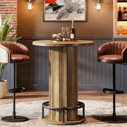 Round Bar Table, 39.4" H Wood Bistro Pub Table with Metal Ring Footrest for Dining Coffee Cocktail Living Room, Small Space, Brown(Only Table)