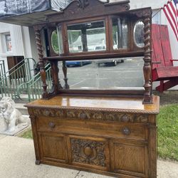 Hand Carved 1800's Mirrored Dresser, Tiger Oak, Glass Upper Cabinet