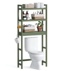 Over The Toilet Storage, 3-Tier Over Toilet Bathroom Organizer with Adjustable Shelf, 10.2 x 24.8 x 66.9 Inches, Space-Saving, Forest Green UBTS001C01