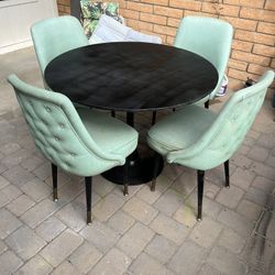 Vintage Mid-Century Modern Tulip Table Dining Set Tufted Upholstered Teal Bucket Seat Club Dining Chairs 