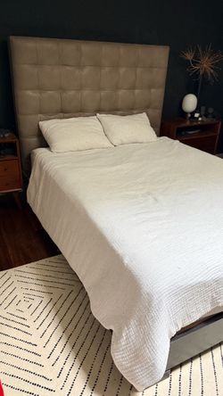 West Elm Grid Tufted Genuine Leather Platform Bed - Queen