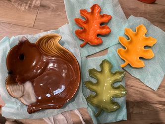 Ceramic Squirrel Platter and Leaf Bowls Set