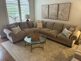 Large Beige Sectional Sofa with Nailhead Trim