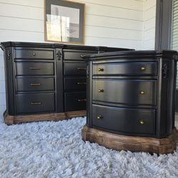 Restored Vintage Bedroom Set | Solid Wood Dresser & Nightstand | Black Satin Finish with Natural Wood