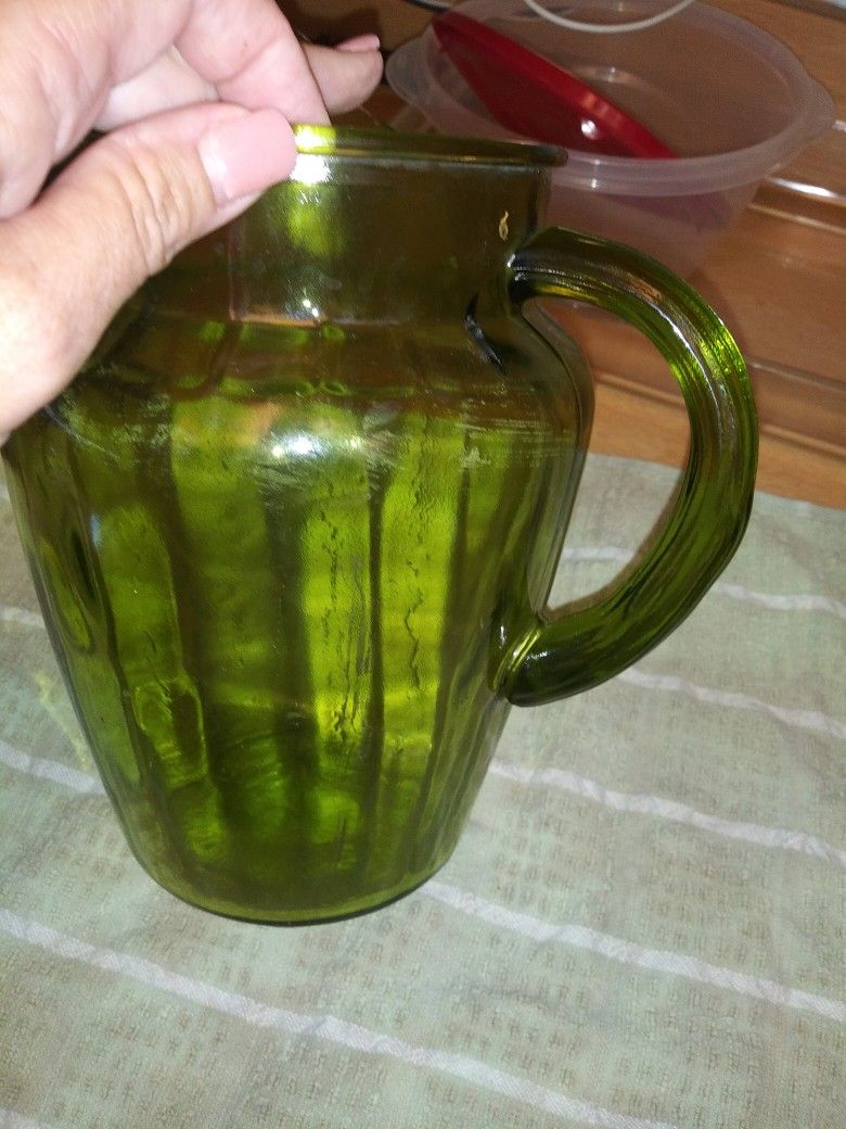 5 Antique/Vintage GREEN GLASS Pitchers 