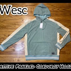 Wesc Massive Paneled Corduroy Hoodie Iceberg Green & Beige Men’s Sz L New!