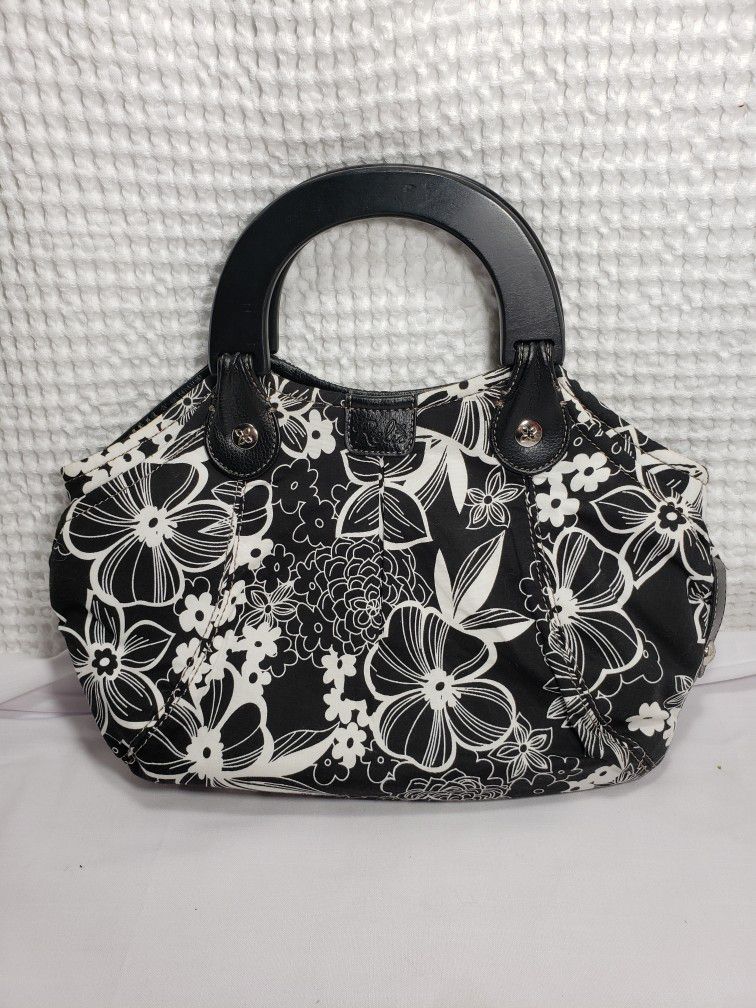 Relic Handbag Black White Floral Canvas Wood Handles  14" H X 15" W . 