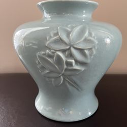 Haeger Pottery Vase with Raised Floral Design. Glossy Glazed Robin Egg Blue
