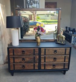 6 Drawer Solid Wood Dresser and Mirror- Black Frame with Walnut Drawer Fronts