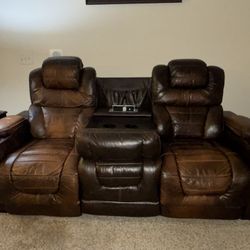 Power Reclining Leather Couch w/ USB, Outlets & Cupholders – $400 OBO