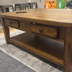 Mission-Style Wood Coffee Table w/ 2 Drawers + Shelf (Rustic Oak)