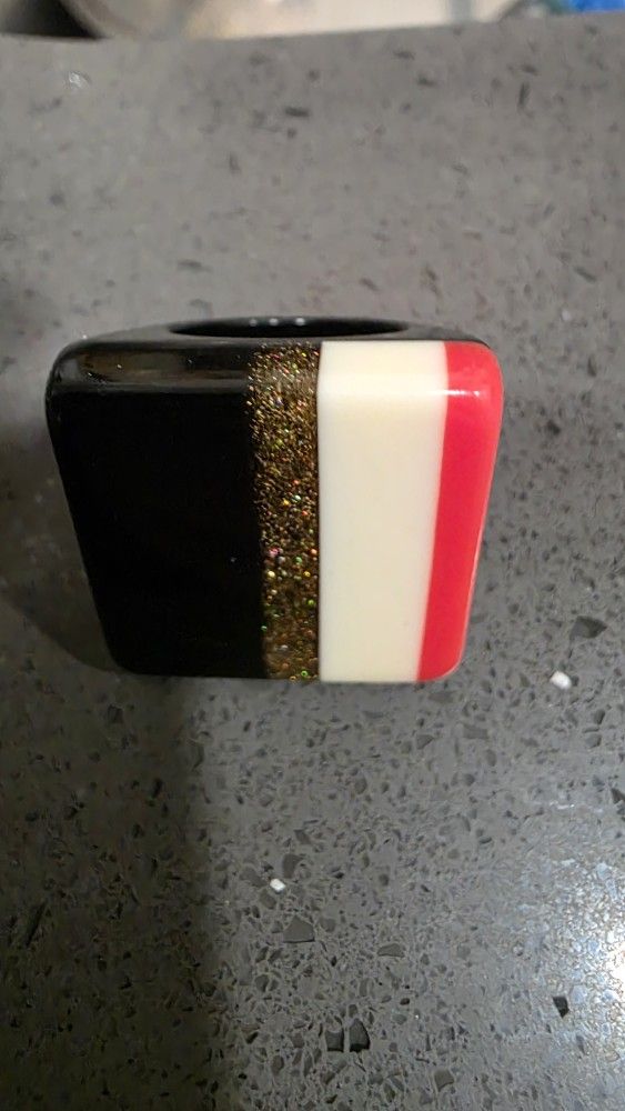 Kate Spade Lucite Mod Cocktail Ring – Black/Ivory/Red with Glitter Band – Size 5
