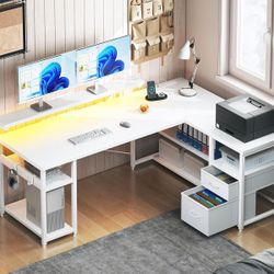 L Shaped Gaming Desk with File Drawers, Reversible Computer Desk with Power Outlets & LED Lights, Home Office Desk