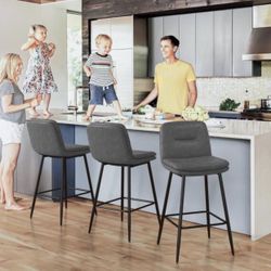 Modern Metal Frame Gray Faux Leather Upholstered Barstools with Footrest Set of 3