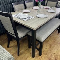 ✅️✅️6 pc bridget two tone wood dining table set padded seat chairs and bench ✅️✅️