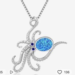 925 Sterling Silver Blue Fire, Opal Octopus Pendant