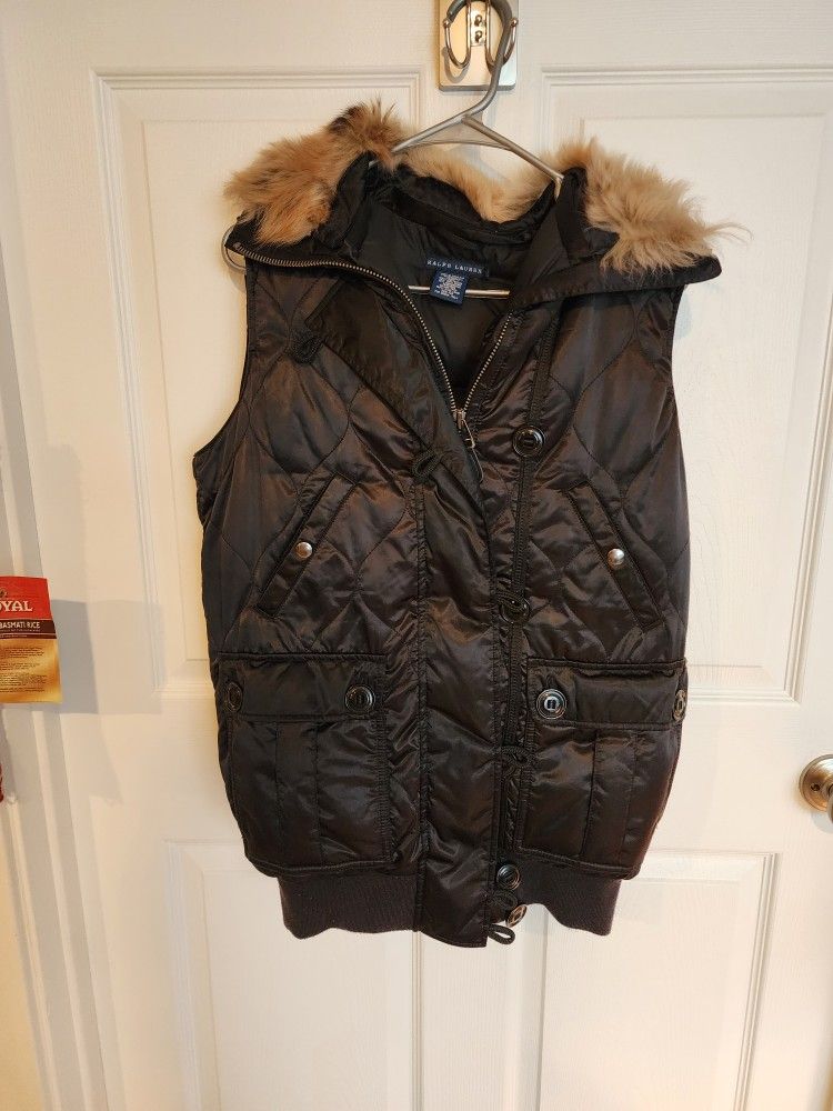 Polo Ralph Lauren Womens Puffer Down Fur Nylon Ski Jacket Vest Black Size S