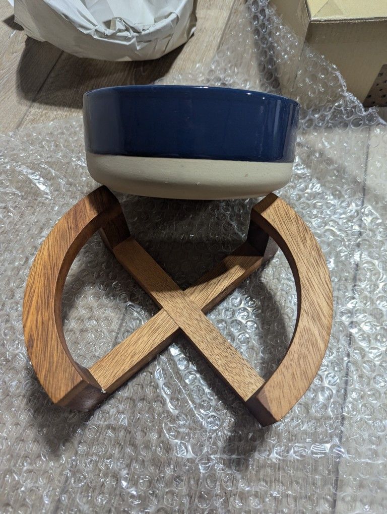 Ceramic Dog Bowl With Wooden Stand NEW (Three Available, $20 Each)