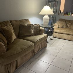 Neutral color living room set (love seat, arm chair, and accent pillows)