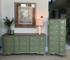 Refinished Wood Sage Green Bedroom Set – Dresser & Tall Chest