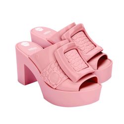 Melissa Platform mules jelly block heel sandals collaboration with victor & Rolf large buckle jelly baby pink Barbie shoes  Excellent condition. Worn 