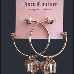 Juicy Couture Gold Tone Hoop Earrings With Pink Heart, Crown & CZ Charm