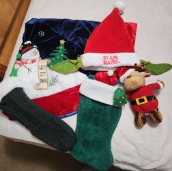 Christmas Lot..2 Stickings 1 Tree Skirt..1 Hat..1 Singing Plush