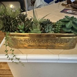 Vintage Brass Long Planter With Faux Succulents Plants 