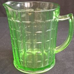 Green uranium glass Hazel Atlas Colonial Block pitcher with handle (5 x 6 1/4 inches without handle)