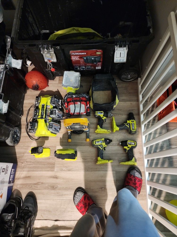Ryobi Tools And Supercharger/6 Batteries