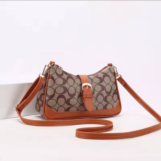 CNCON Women's Brown Beige Logo Shoulder Bag with Buckle Accent Zip Closure