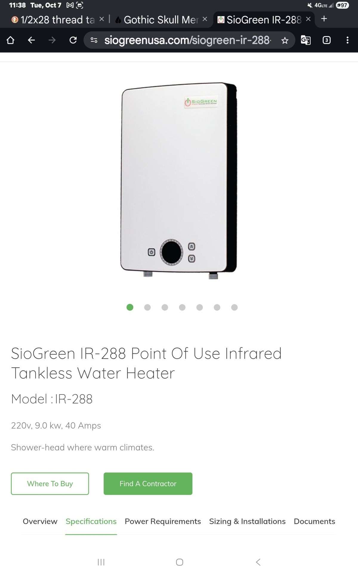 SIOGREEN INFRARED TANKLESS WATER HEATER IRR28POU
