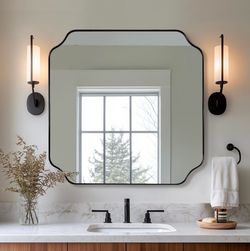 ONLY $65: 24x24 Inch Square Mirror, Matte Black Vanity Mirror, Modern Scalloped Bathroom Mirror