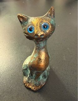 Vintage Greek Bronze Cat Figurine Blue Glass Eyes J. Kelestis Mid Century Style
