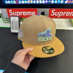 RARE Exclusive Two Tone SOLD OUT White Sox 59fifty New Era Fitted Tan Khaki Wheat Brown Hat with Blue Teal UV •SOLD OUT EXCLUSIVE LIMITED RELEASE •
