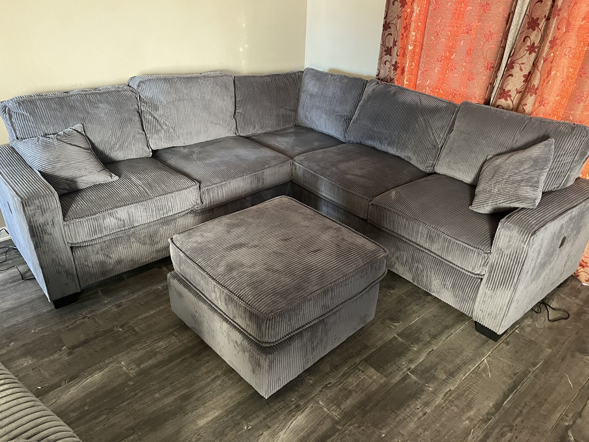 $0 Down!  New Corduroy Sectional.  Grey.  99” X 99”.  Free Delivery!